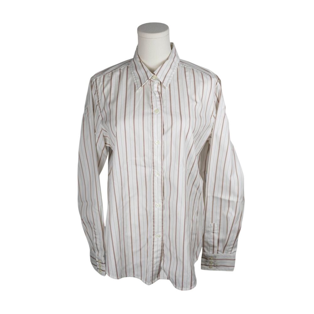 Liz Claiborne Size Large Blouse Button Up Stripes White Gray Pink NWOT